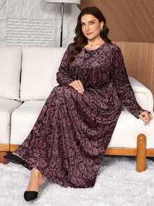 Lacomfia Casual Minimalist Velvet Full Print Round Neck Long Sleeve Loose Regular Fit Spring Autumn Plus Size Dress - Multicolor - View 1