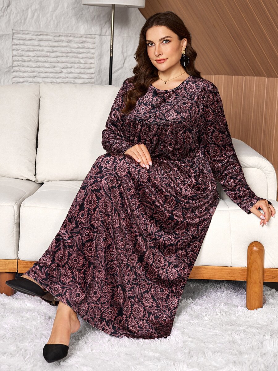 Lacomfia Casual Minimalist Velvet Full Print Round Neck Long Sleeve Loose Regular Fit Spring Autumn Plus Size Dress - Multicolor - View 1