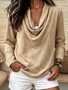 Holdful Holdful Solid Draped Collar Blouse - Khaki - View 8