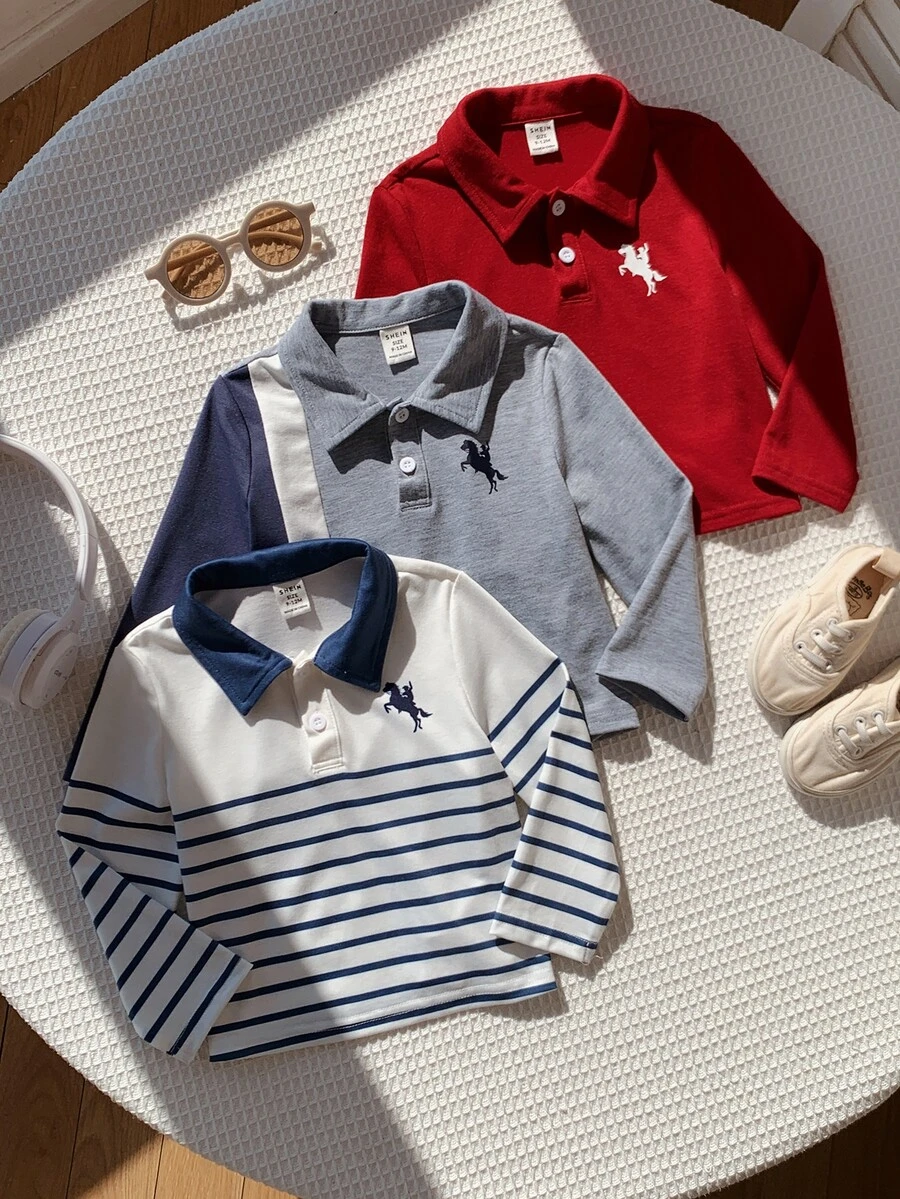 SHEIN 3件組男嬰秋冬休閒針織軟領短袖套頭 Polo 衫套裝,紅色 Polo 衫 - 彩色 - 查看 1