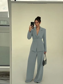 Aloruh 女款通勤時尚V領翻領西裝套裝 - 霧霾藍 - 查看 8