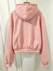 SHEIN 青少年女孩粉色拉鍊落肩長袖寬鬆連帽衛衣外套，保暖內裡，秋冬返校 Y2K 瑜伽沙灘風 - 粉色 - 查看 2