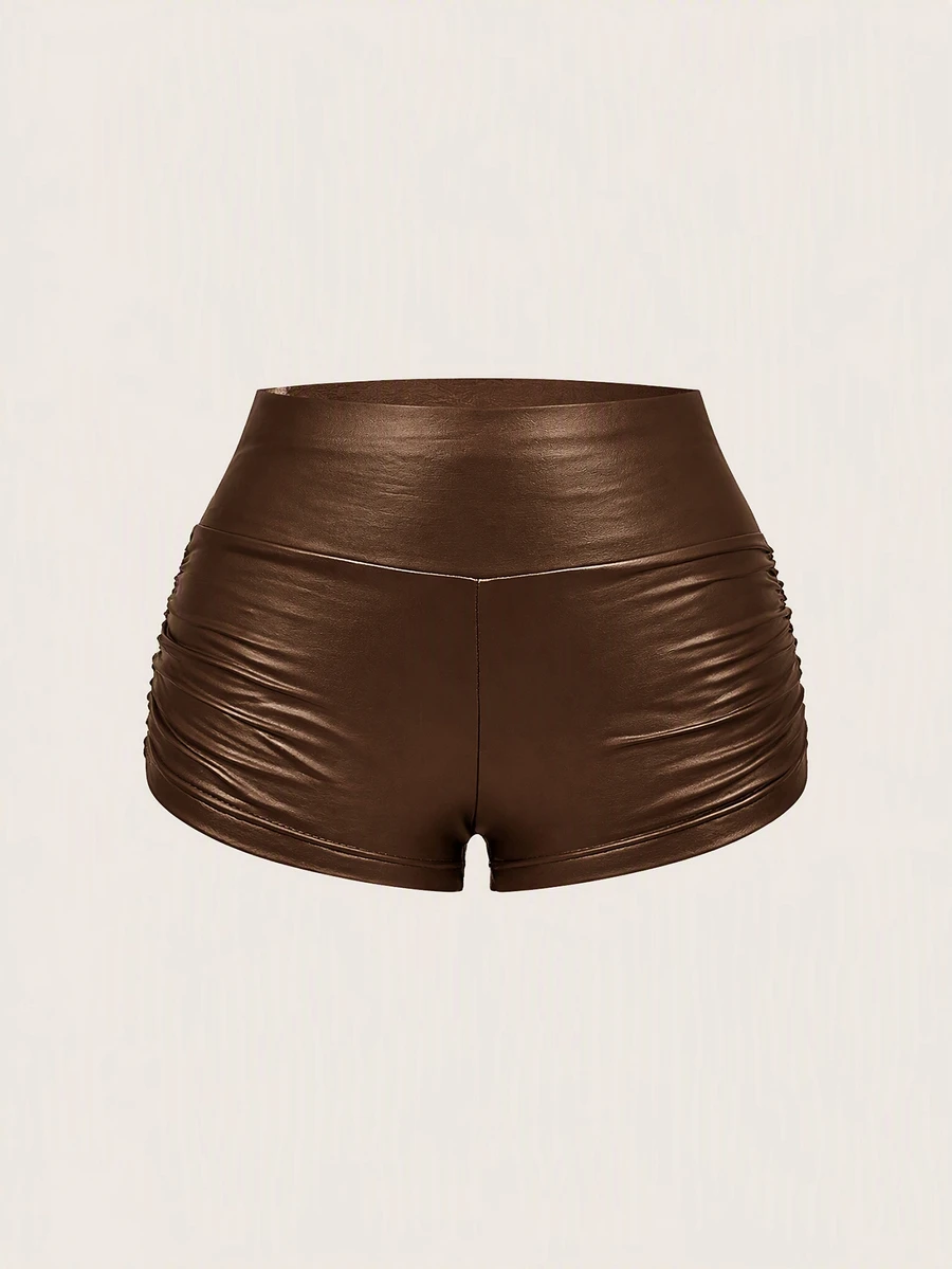 SHEIN EZwear 女款時尚彈性腰縮褶設計超短褲 - 棕色 - 查看 1