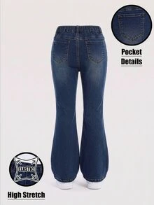 SHEIN Girls Y2K Style Elastic Flare Jeans, Vintage Blue Washed Denim With Elastic Waistband, Star Rhinestone Design, Fashionable Versatile For All Seasons - Dark Wash - View 2