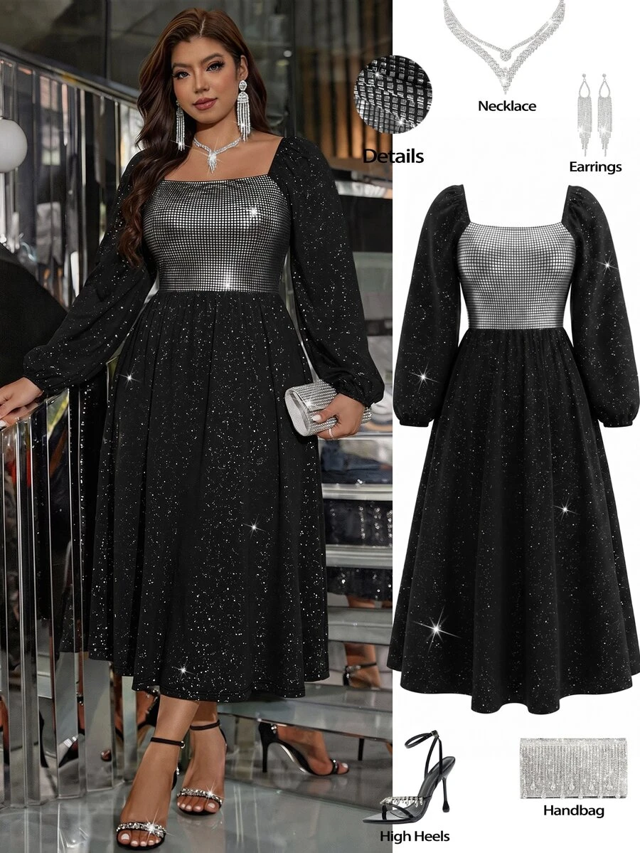 Femmeverse Plus Two Tone Lantern Sleeve Sequins Dress Fall - Multicolor - View 1