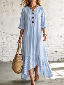 EMERY ROSE Casual Loose Notched V-Neck Short Sleeve Ruffle Hem Dress, Suitable For Vacation, Travel And Outings - Blue - View 1