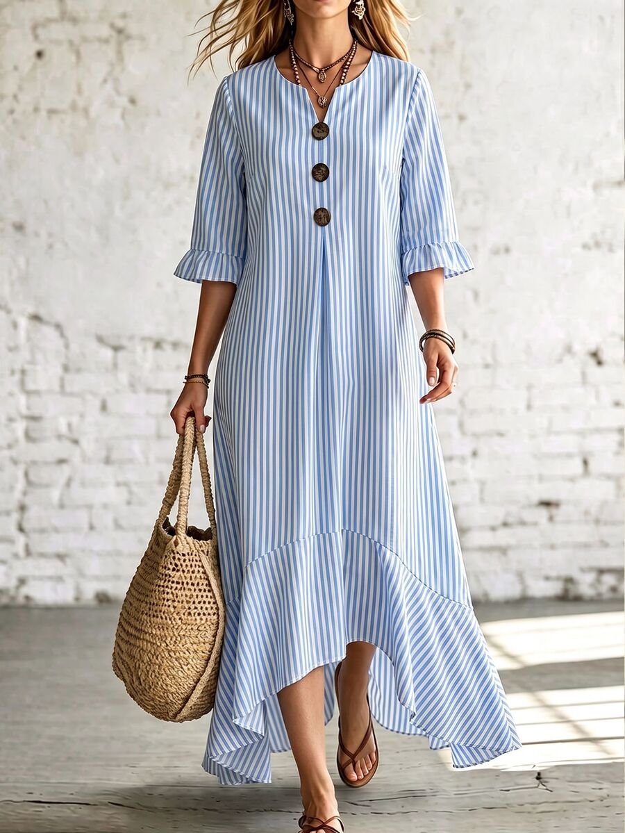 EMERY ROSE Casual Loose Notched V-Neck Short Sleeve Ruffle Hem Dress, Suitable For Vacation, Travel And Outings - Blue - View 1