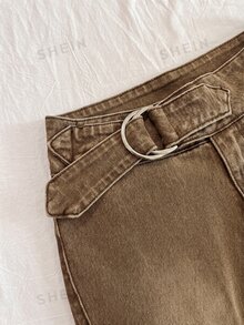 SHEIN PETITE Celana Jeans Wanita Ukuran Petite Pinggang Rendah Model Flare Denim Cuci - Coklat - View 3