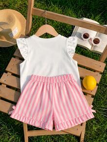 Young Girl Casual Fashion Cute Flutter Sleeve Round Neck Top, Cartoon Pattern, Suitable For Spring And Summer - Multicolor - View 2