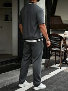 Manfinity CasualCool Men's Zipper Striped Short Sleeve Shirt And Drawstring Waist Pants Set - Dark Grey - View 2
