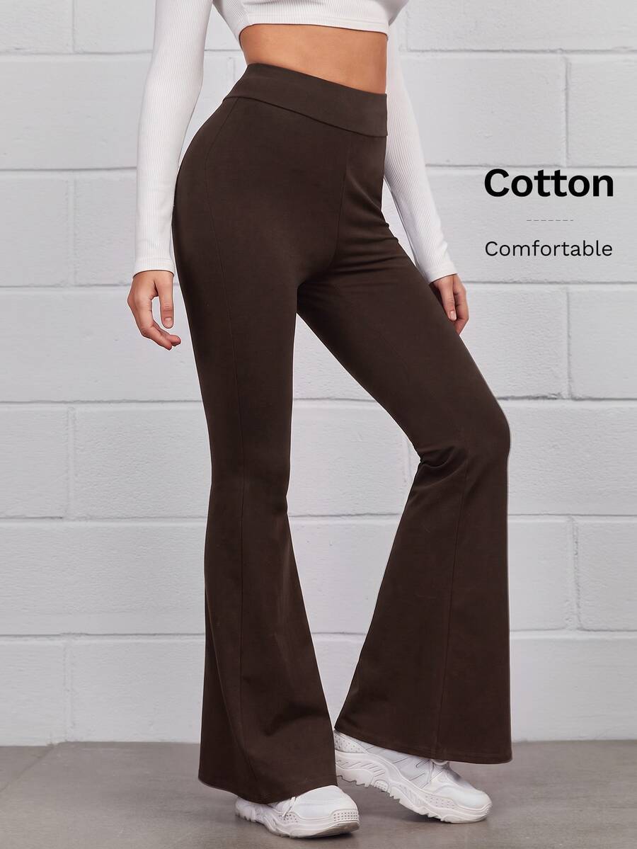 SHEIN EZwear 女款休閒極簡純色高腰喇叭褲 - 棕色 - 查看 1