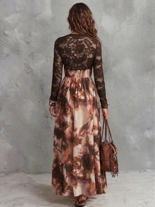 LUMIGAL Deep Brown Lace V-Neck Long Sleeve Cinched Waist Full Skirt Ink Wash Chiffon Bohemian Maxi Dress - Multicolor - View 2
