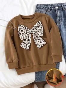 SHEIN Genkimix Kids 女童秋冬保暖抓絨衛衣 豹紋大蝴蝶結裝飾 休閒套頭衫 - 棕色 - 查看 4