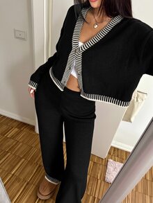 CovetEZ 女款 2 件式毛衣套裝，條紋飾邊設計外套搭配純色長褲，都市文藝街頭風休閒時尚創意個性街頭穿搭 - 黑色 - 查看 3