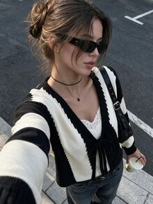 Sweetra V-Neck Bowknot Contrast Stripe Cropped Cardigan - Multicolor - View 1