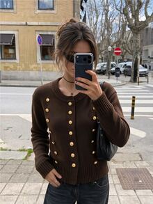 Sweetra Women's Front Button & Wrist Cuff Cardigan - Brown - View 7