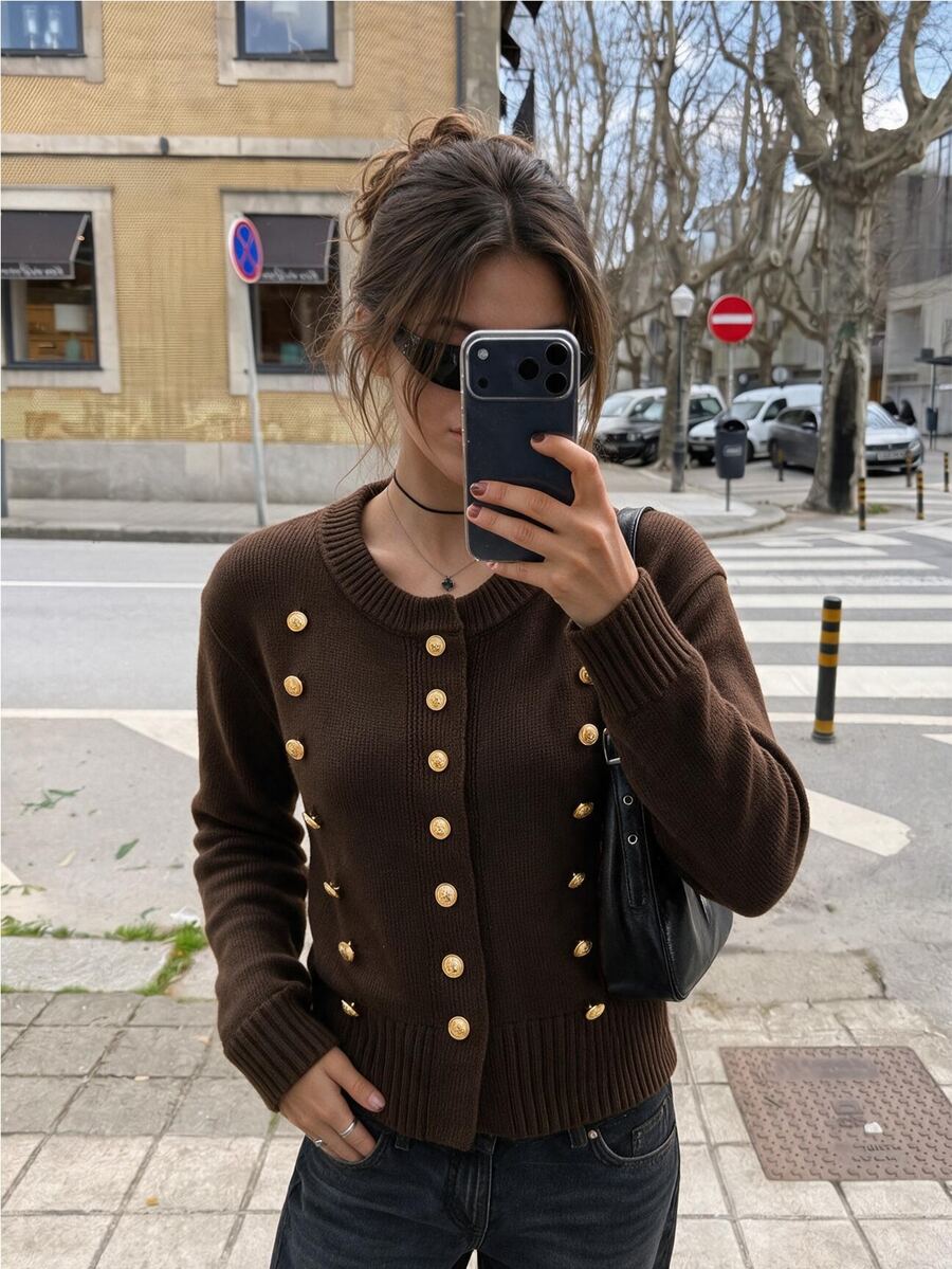 Sweetra Women's Front Button & Wrist Cuff Cardigan - Brown - View 1