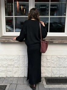 Autumina Women's Long Sleeve Sweater And High Waist Side Slit Skirt Set - Black - View 2