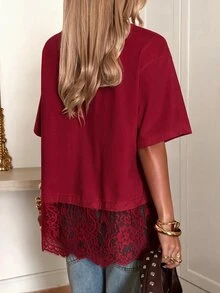 SHEIN EZwear 女款圓領素色蕾絲拼接時尚休閒T恤 - 酒紅色 - 查看 2