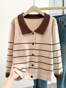 GlowEve CURVE Plus Size Women Colorblock Long Sleeve Cardigan Knit Sweater, Striped Fashion Casual Versatile Suitable For Autumn/Winter Wear Fall - Apricot - View 10