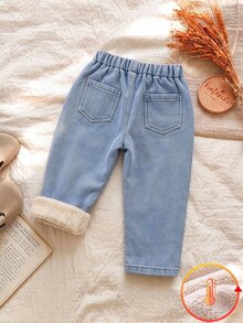 Young Girls' Blue Fleece-Lined Jeans Soft, Warm, And Bow-Accented; Casual Style, Perfect For Back-To-School Suitable For Spring,Autumn,Fall,And Winter - Medium Wash - View 2