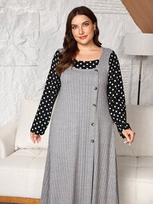 Lacomfia Plus Size Women's Loose Casual A-Line Square Neck Long Sleeve Polka Dot Patchwork Button Decor Autumn Long Dress - Grey - View 5