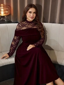 Modelyn 女款蕾絲拼接收腰A字優雅浪漫派對大尺碼洋裝 - 酒紅色 - 查看 6