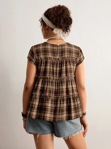 Freevana Women's Plus-Size Short-Sleeve Brown Plaid Shirt, Loose-Fitting Top With Ruffles; Elegant For Casual Outings, Boho, Suitable For Autumn And Winter - Multicolor - View 2