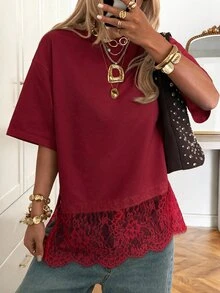 SHEIN EZwear 女款圓領素色蕾絲拼接時尚休閒T恤 - 酒紅色 - 查看 8