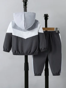 SHEIN Playful Pals 2件組 幼兒男孩連帽外套褲子套裝 酷灰色白色黑色拼接色 拉鍊開襟長袖連帽 常規版 戶外 秋季 萬聖節 假日 - 彩色 - 查看 2