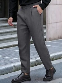 Manfinity Bizformal 2026春夏男士高腰百褶錐形九分長褲，義式商務與都市簡約風 - 深灰色 - 查看 3