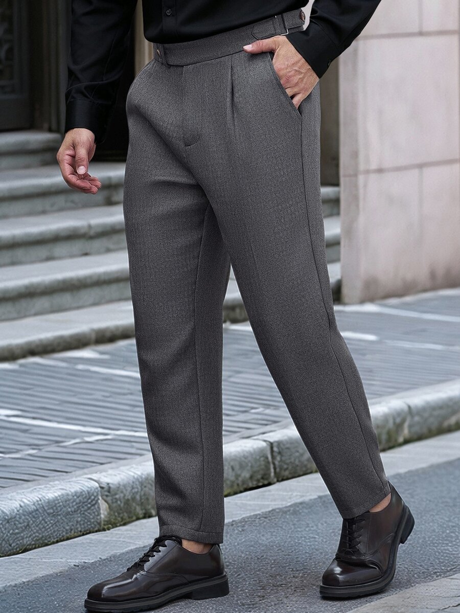 Manfinity Bizformal EN:2026 Spring Summer Men High‑Waist Pleated Tapered Ankle Trousers, Italian Business & Urban Smart - Dark Grey - View 1