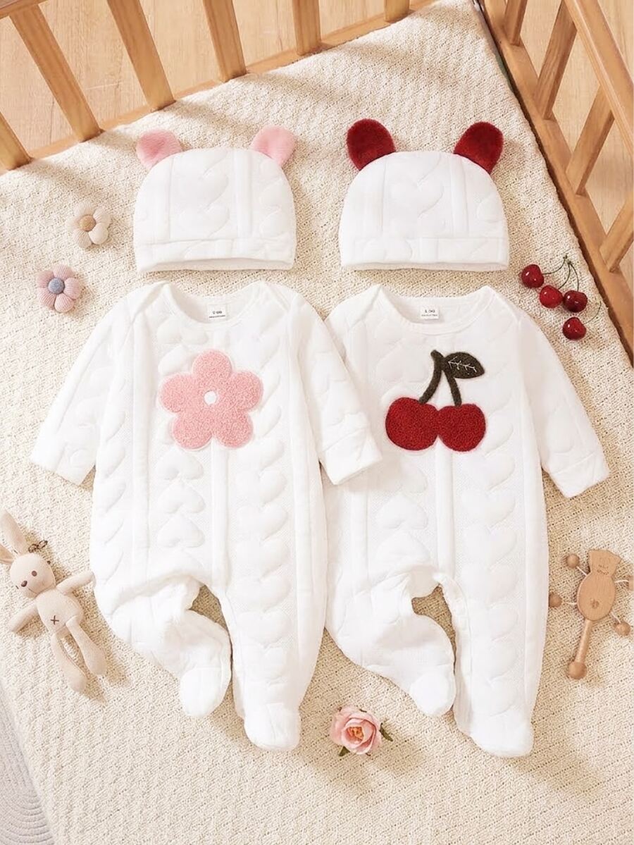 Souflis Souflis 1pc Newborn White Minimalist Fashion Cute Bear Pattern Long Sleeve Full Length Footed Romper & Hat 2pcs Set Loungewear - White - View 1