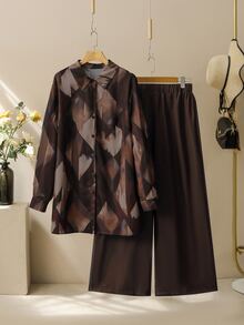 Lacomfia Women's Minimalist Casual Geometric Pattern Fashion Loose Plus Size Shirt With Versatile Wide Leg Pants - Coffee Brown - View 7