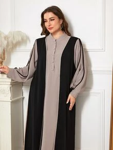 Al Najma 2 Pieces Style Khaki & Black Colorblock Button Decor Long Sleeve Loose Dress, Fashion Traditional Elegant Versatile Slimming Plus Size Arabian Dress - Black - View 4