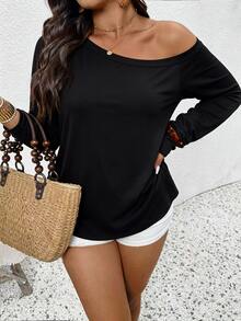 EMERY ROSE CURVE Plus Solid Asymmetrical Shoulder Long Sleeve Tee - Black - View 6