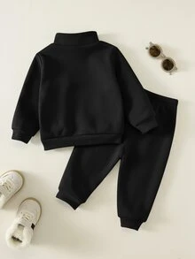 SHEIN 中性嬰兒男/女童、幼兒秋冬保暖內裡加厚休閒可愛運動風立領運動衫套裝，嬰兒運動服，嬰兒冬季衣著/套裝 - 黑色 - 查看 2