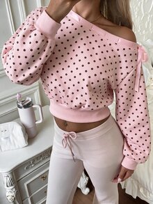 CovetEZ 女款時尚不對稱肩領蝴蝶結裝飾波點短版運動衫 - 淺粉色 - 查看 4
