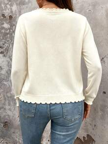 SHEIN LUNE CURVE Plus Size Women's French Romantic Elegant Contrast Color Ruffle Trim Thin Cardigan Casual Minimalist Knit Sweater Office Formal White Autumn - Apricot - View 2