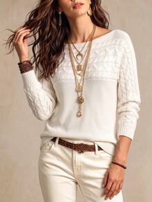 SHEIN LUNE Women's Soft Twisted Cable Long Sleeve Sweater For Vacation - White - View 3