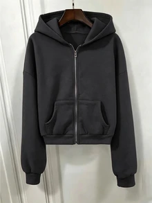SHEIN 青少年女孩灰色拉鍊式落肩長袖寬鬆休閒街頭風可愛運動外套，保暖內裡，基礎款，秋冬返校季 Y2K 風格 - 深灰色 - 查看 3