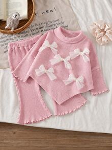 SHEIN Vintaside Kids 2件組幼女毛衣喇叭褲套裝，甜美可愛粉色網紗蝴蝶結荷葉邊長袖小立領加厚款，秋季假日派對公主芭蕾舒適羅紋針織 - 粉色 - 查看 4