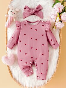 SHEIN Playful Pals 女嬰羅紋愛心印花荷葉袖連身衣附髮帶 - 藕粉色 - 查看 3
