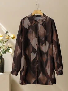 Lacomfia Women's Minimalist Casual Geometric Pattern Fashion Loose Plus Size Shirt With Versatile Wide Leg Pants - Coffee Brown - View 8
