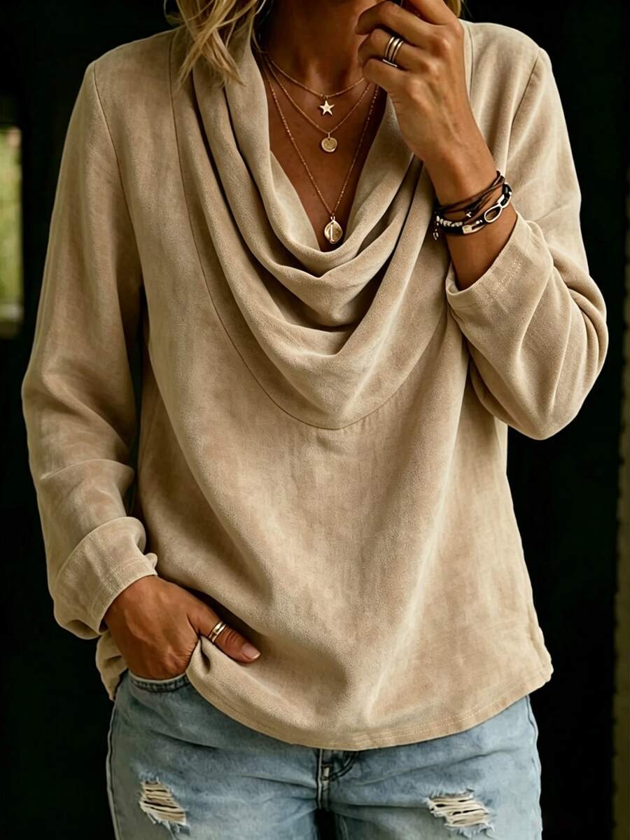 Holdful Holdful Solid Draped Collar Blouse - Khaki - View 1