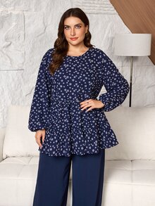 Lacomfia Random Floral Pattern Faux Embroidery Navy Blue Top With Straight Leg Pants Elastic Waist Plus Size 2 Pieces Set - Navy Blue - View 6
