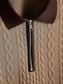 Core Aspect Men's Old Money Style Cable Knit Half-Zip Polo Shirt + Drawstring Long Pants Set, Contrast Collar Loose Short Sleeve Two Pieces Outfit, Beige & Brown Colorway For Home, Casual, Commute And Daily Wear - Khaki - View 5