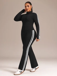 Rhythm Era Plus Size Women's Long Sleeve Stand Collar Zipper Pants Casual Sports Set - Black - View 4