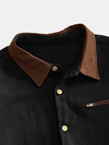EASEVO Men's Plus Size Lapel Collar Metal Button Design Shacket - Black - View 3