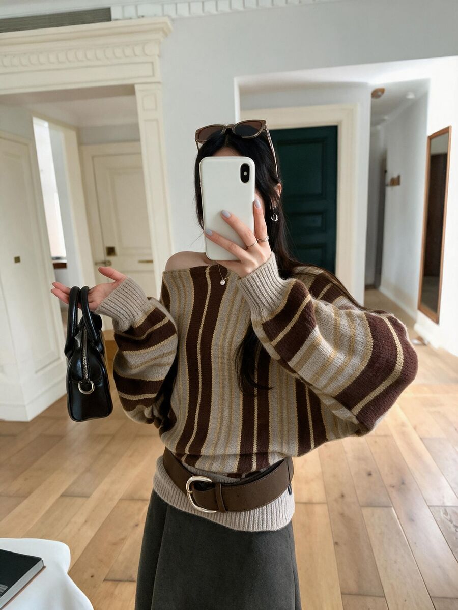 Sweetra Vintage Maillard Striped Off-Shoulder Lazy Women's Sweater - Multicolor - View 1